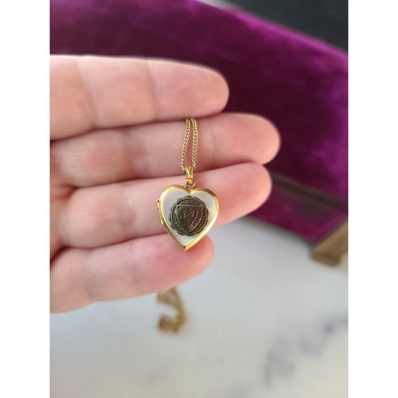Vintage 12K GF MOP Heart Locket Pendant Necklace, Religio, Scientia, Cultus - Picture 2 of 10